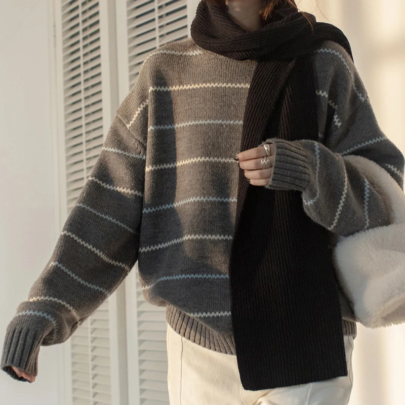 長袖ストライプOネックプルオーバーセーター レディース 2025秋 韓国風 カジュアル ルーズニットトップ エレガント プレッピースタイル ニットウェア