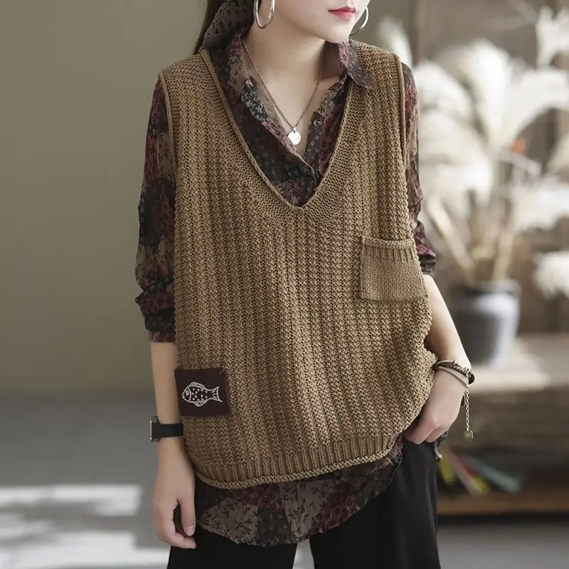 Vintage Fashion V-Neck Solid Color Sweater Vest Women Loose Casual All-match Patchwork Knitted Jumpers Spring Female Clothing