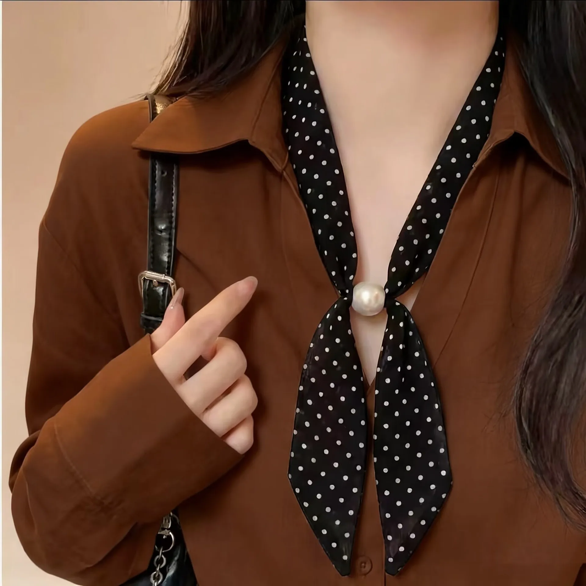 Pearl Buckle Twilly Scarf Women Decorative Satin Mini Polka Dot Skinny Travel Neck Scarf Pre-tied Choker Neck Band Daily outfit view 6