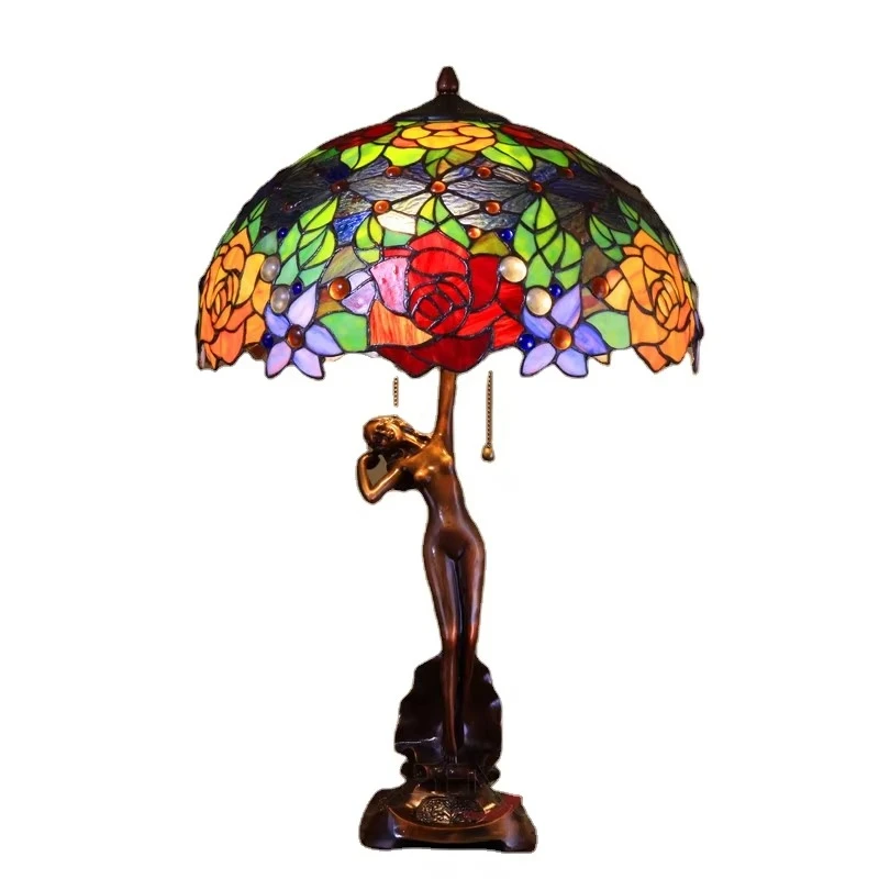 Stained glass flower animal pattern European retro stained glass pure copper base desk lamp