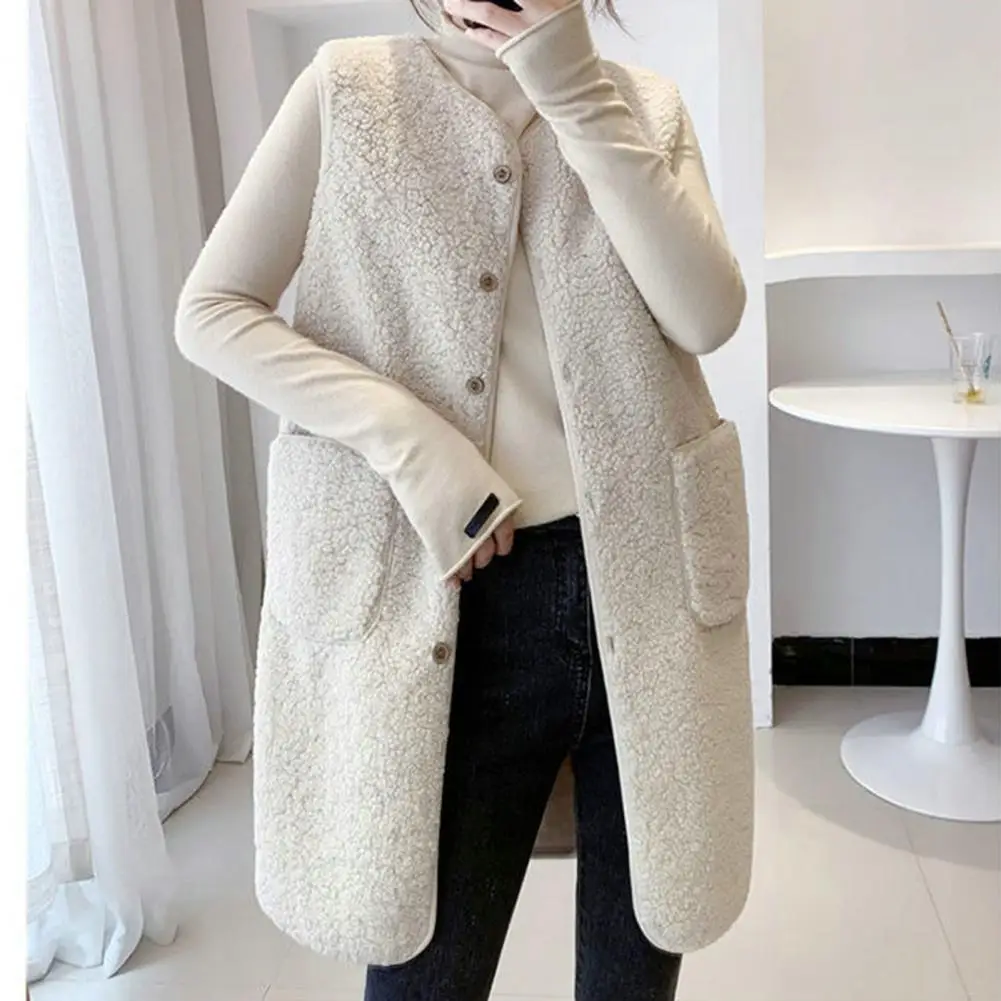 Women Polyester Vest Winter Vest Stylish Women's V-neck Vest Coat with Button Closure Pocket for Wear Mid-length Jacket