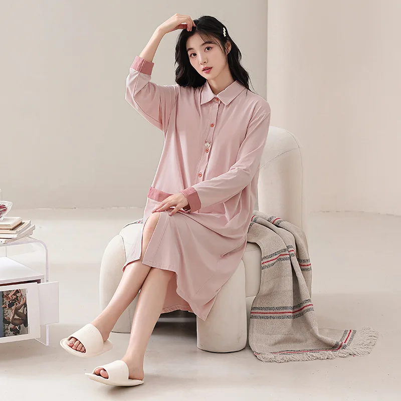 Pure Cotton Sleepwear Women's Long Sleeve Comfortable Maternity Skirt Outerwear Ready Nightgown Fall Season Breathable Cotton
