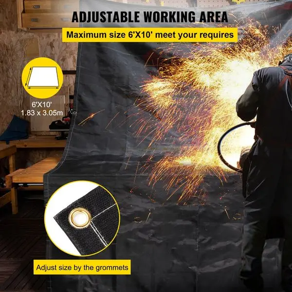 عبوتان من بطانيات النار مقاس 6 × 10 بوصة، 1022 ° F ألياف زجاجية مقاومة للهب، بطانية سوداء لقمع الحرائق في حالات الطوارئ مع 8 حلقات نحاسية