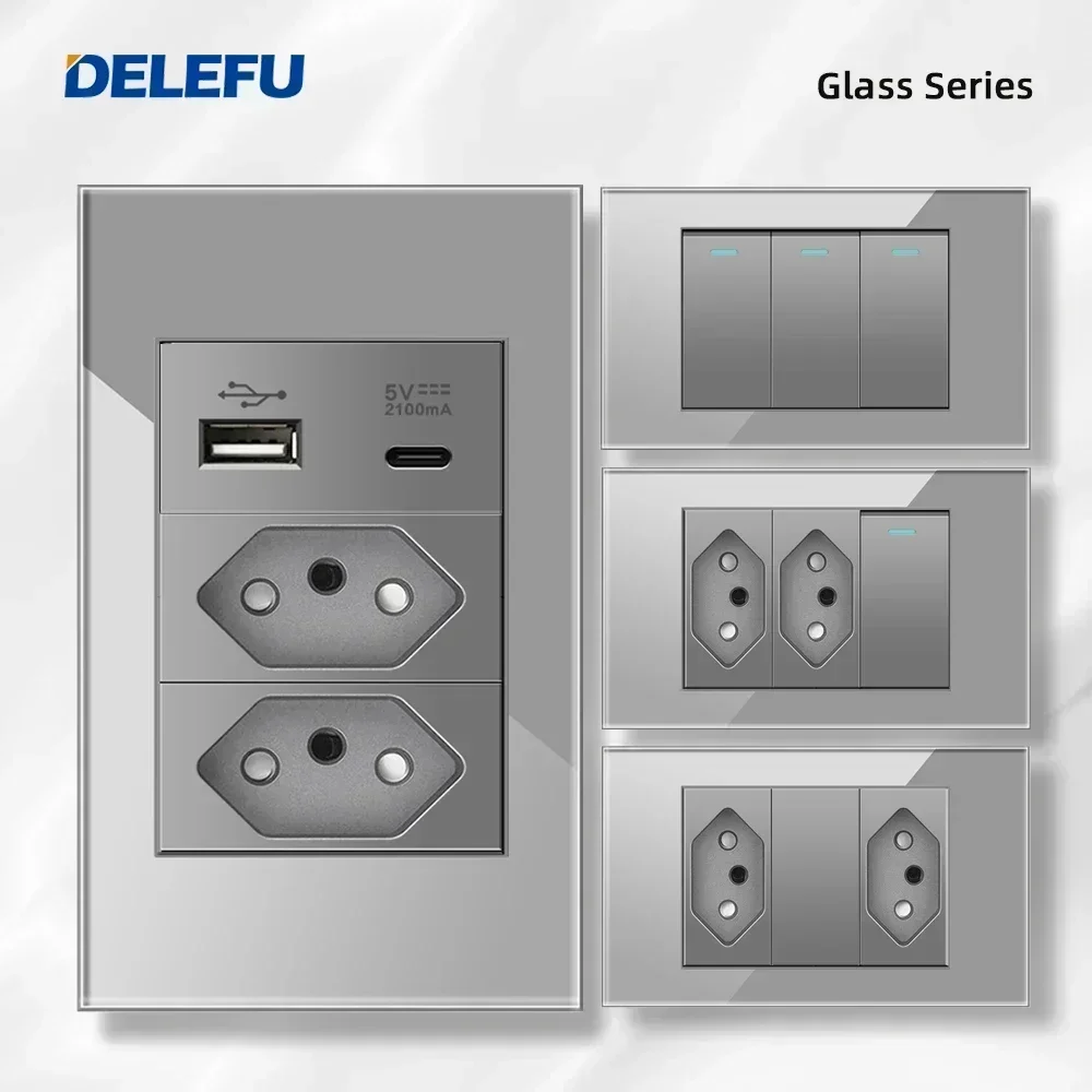 DELEFU Tempered Gray Glass Brazil Standard Outlet Dual Usb Type C Switzerland Wall Socket Light Switch Switzerland 118mm 10A 20A