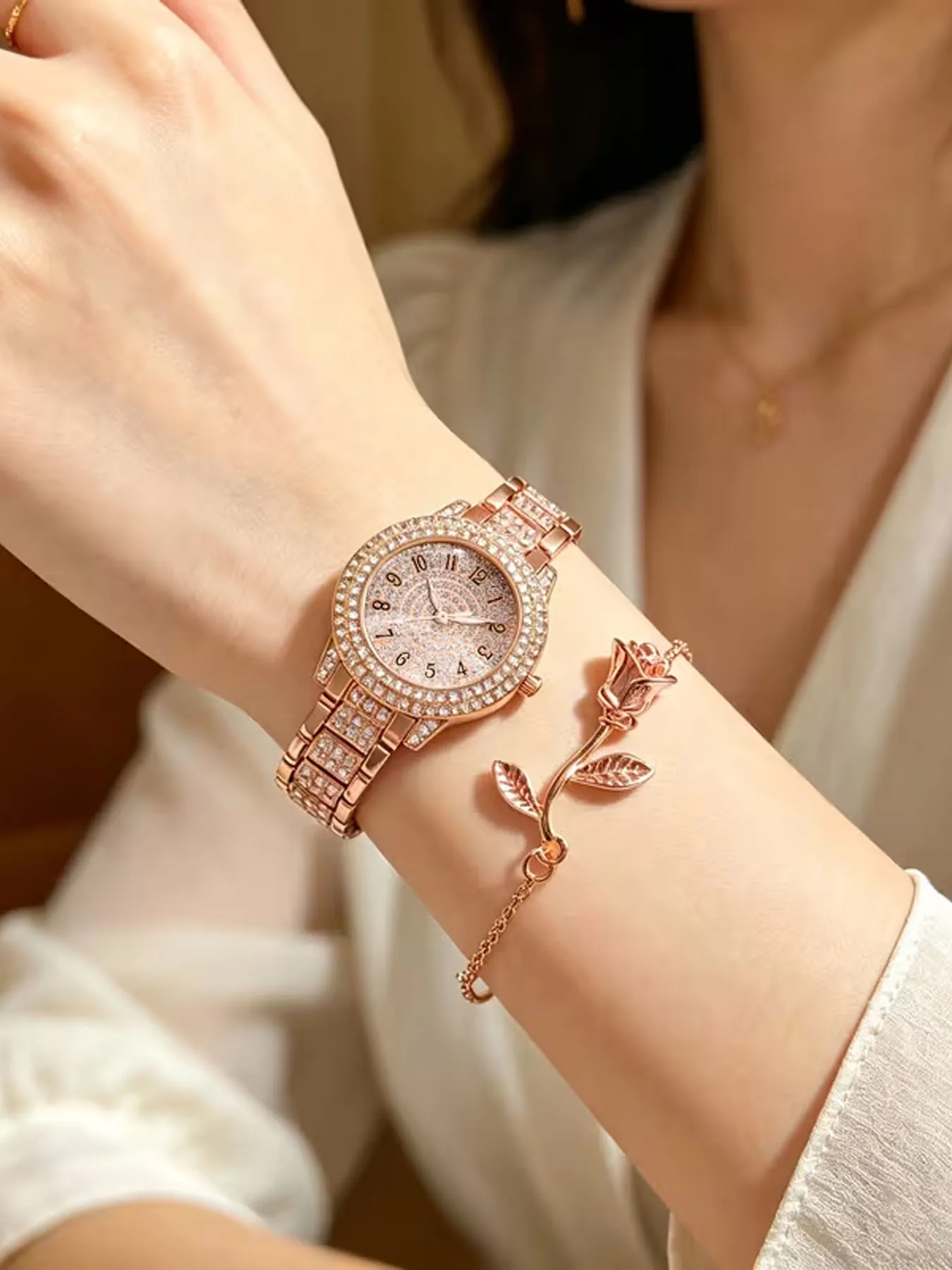 Full Sky Star Rhinestone Women's Watch Set with Stainless Steel Band and Full Diamond Quartz Ladies Watch