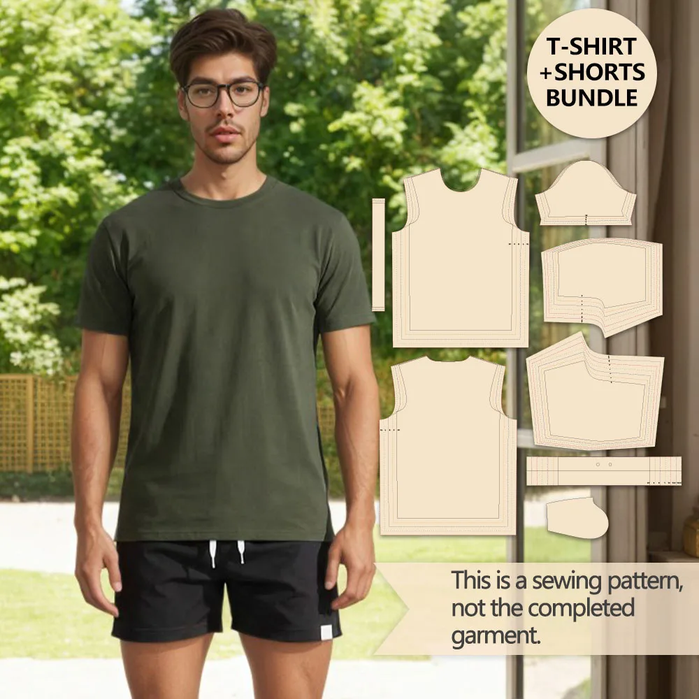 Crew Neck Tee & Drawstring Waist Shorts Sewing Pattern Set, Multi-Size Clothing Pattern 1:1 Original Size Kraft Paper Template