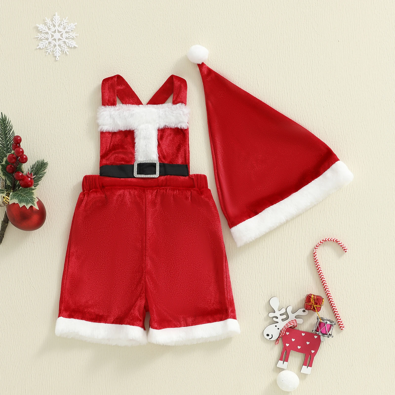 

Baby Boy Overalls Fashionable Christmas Contrast Color Fur Trim Sleeveless Jumpsuit with Hat Two Pieces Sets for 0-18 Months