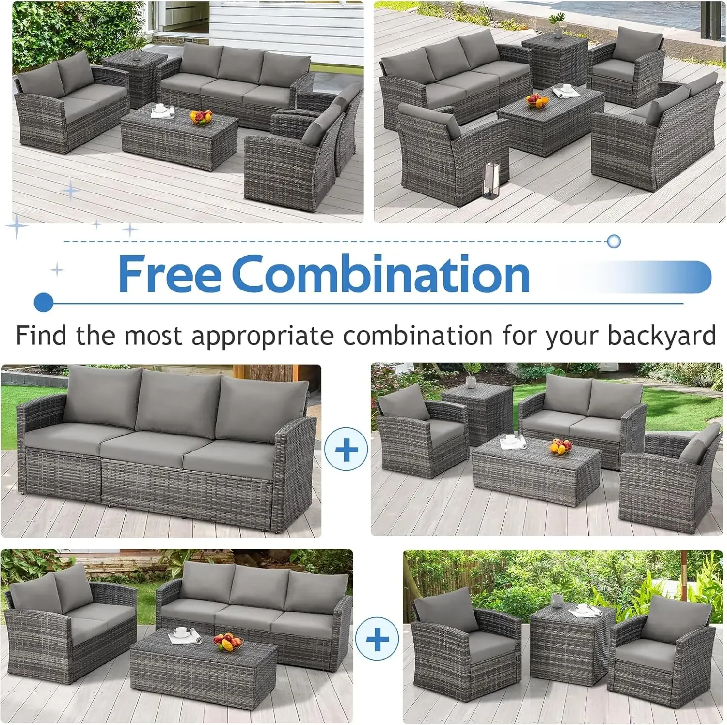 Outdoor Conversation Set All-Weather PE Wicker Sectional Sofa Patio Sofa for Garden, Backyard, Deck, Grey Rattan& Grey Cushions