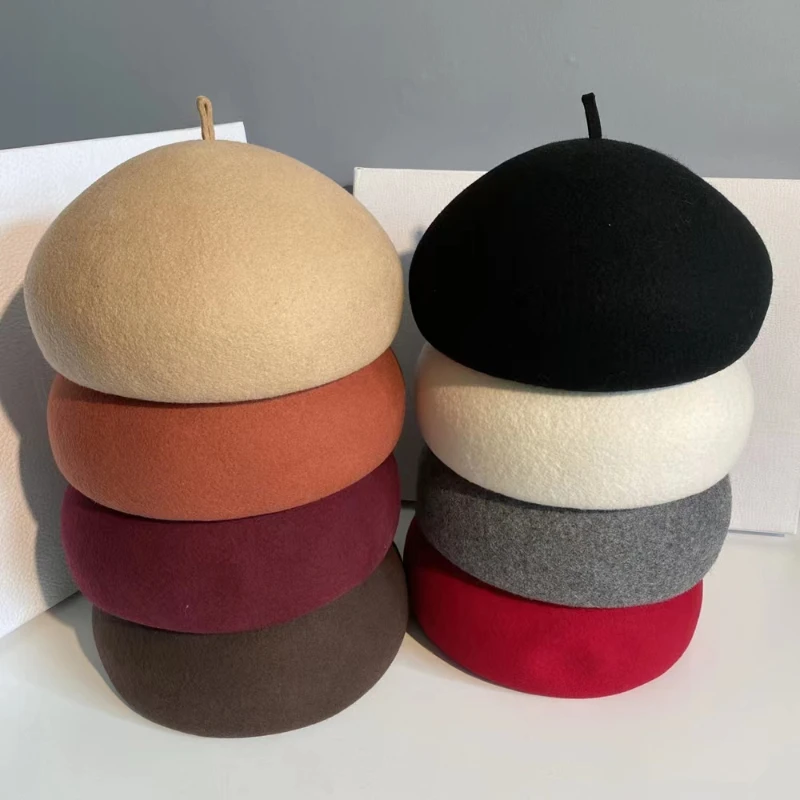 2022 Painter 100% Wool Felt Winter Beret Solid Warm Women\'s Beanies Classical French Fedoras Brimless Hat Ladies Gift Wholesale