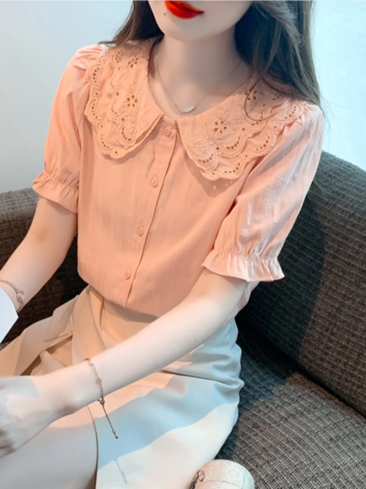 

Pink Doll Collar ort Sve Chiffon irt Women's Summer Faionable irt Cotton Polyester Blend Regular Length Pure Color