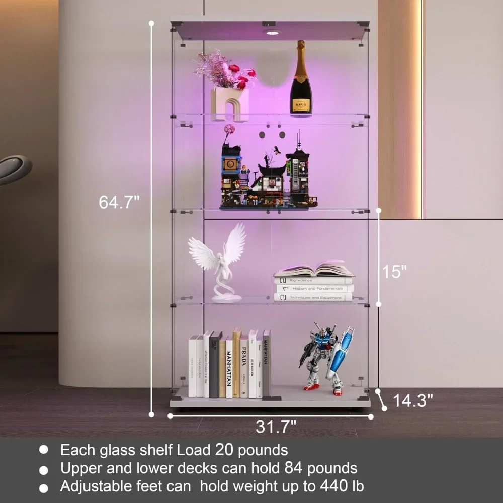 XMSJ Glass Display Cabinet with LED Lights, 4 Shelves Glass Display Cabinet, Display Cabinet, Floor Standing Bookcase Corner Cab