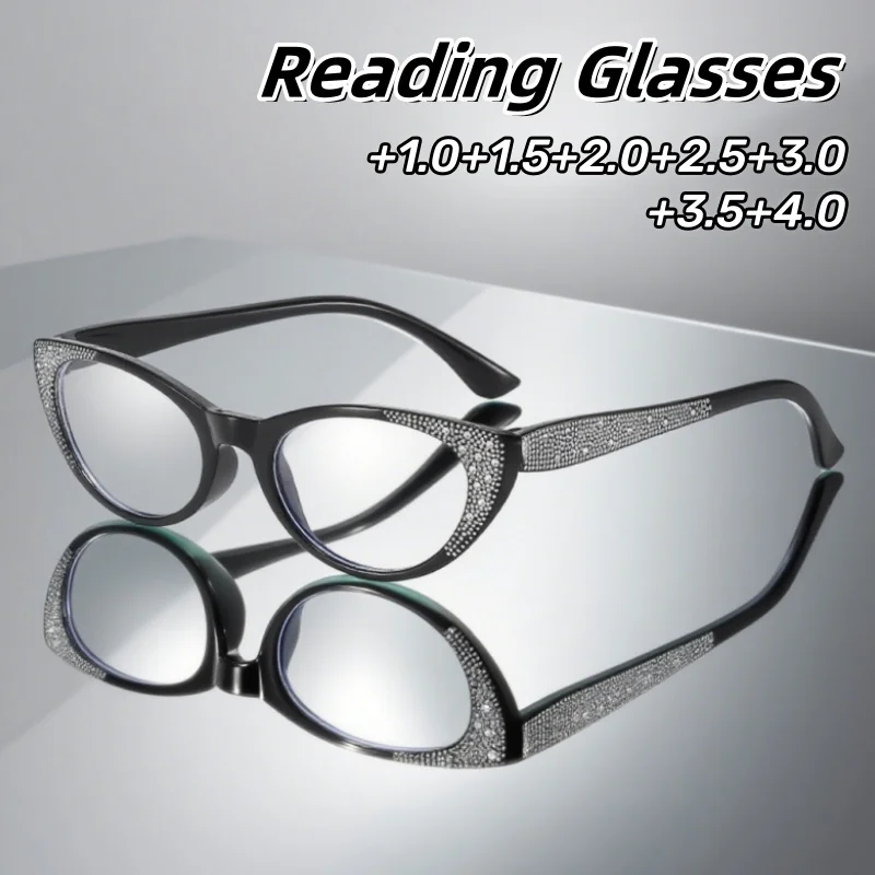 

Fashionable Diamond-encrusted HD Reading Glasses Popular Cat-eye Anti-Blue Light Eyeglasses Unisex Eye Protection +1.0 To +4.0