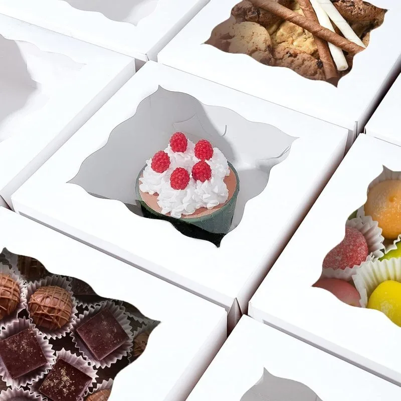 20 Pcs Bakery Box White Bakery Boxes Cupcake Boxes Kraft Packaging Boxes with Window for Cookies Small Cakes Muffin in Proposal