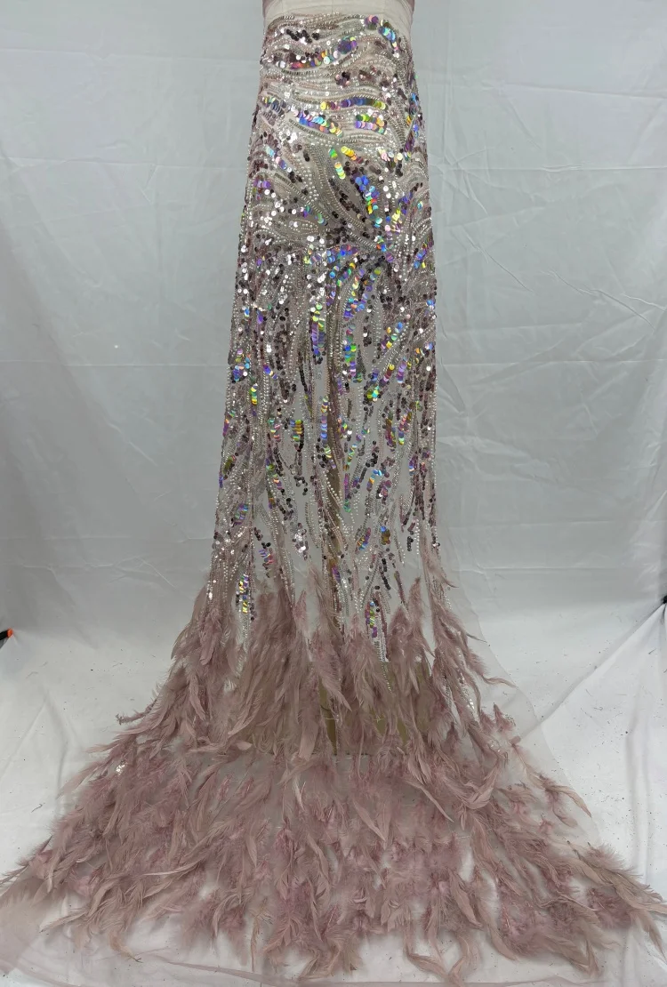 Luxury Groom Beaded Lace Fabric 5 Yards High Quality French 3d Feather Sequin Lace Fabric for Bridal Wedding Evening Dress
