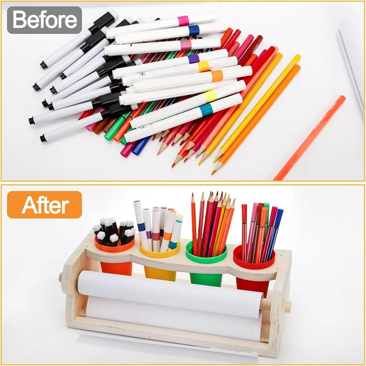 update. Wooden Tabletop Paper Roll Dispenser Art Paper Roll Holder with 1 Roll Paper, 4 Pencil Cups for Drawing Graffiti Art