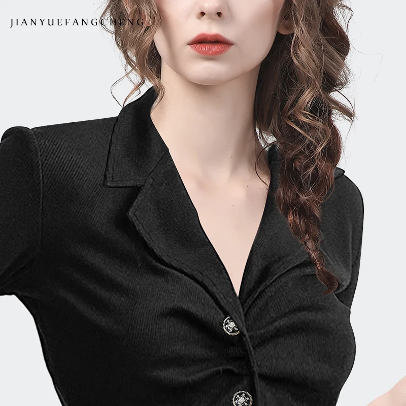 Sexy Skinny Womens Suit Collar Black Knitted Shirt Top 2023 Spring Summer Elegant Slim Office Ladies Fashion Casual Blouses