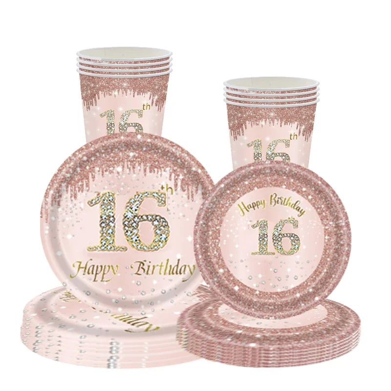 

8Guests Rose Gold Diamond 16th Disposable Tableware Pink 16 Year Old Paper Plates Cups Napkin Girl Happy Princess Birthday Party