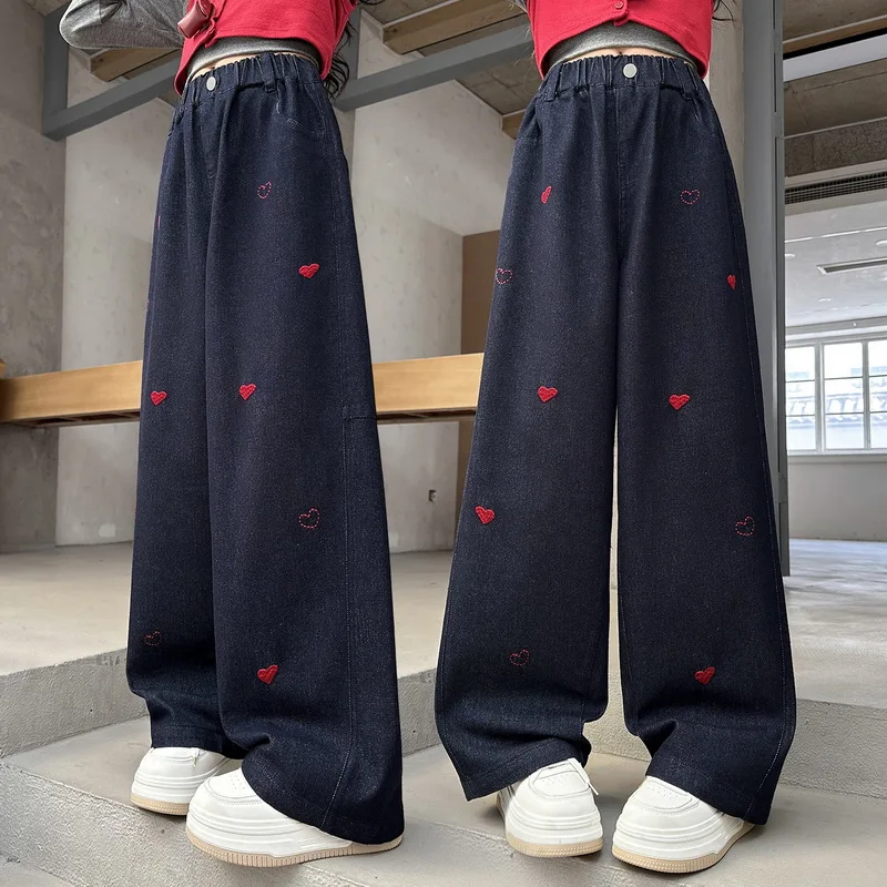 

Teens School Children Trousers Spring Heart Embroidery Casual Loose Jeans for Girl Elastic Waist Fashion Kids Straight Pants