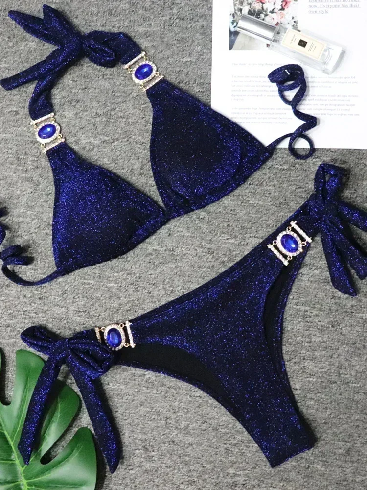 2025 glänzender Strass-Bikini, Diamant-Badeanzug für Damen, Metallketten, Bademode, weiblich, zweiteilig, Bikini-Set, Neckholder-Badeanzug, Schwimmen