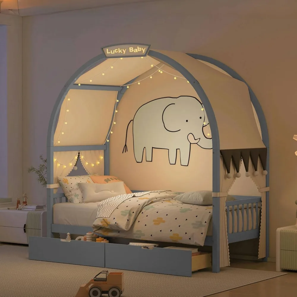 Twin Floor Bed with Arched Roof and 2 Drawers, Light Strip and Upholstered Headboard Wooden Kids Bed Frame for Teens Bedroom