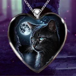 Punk Animal Black Cat Heart Crystal Pendant Necklace Gothic Necklaces for Women Stainless Steel Jewelry Accessories Party Gift