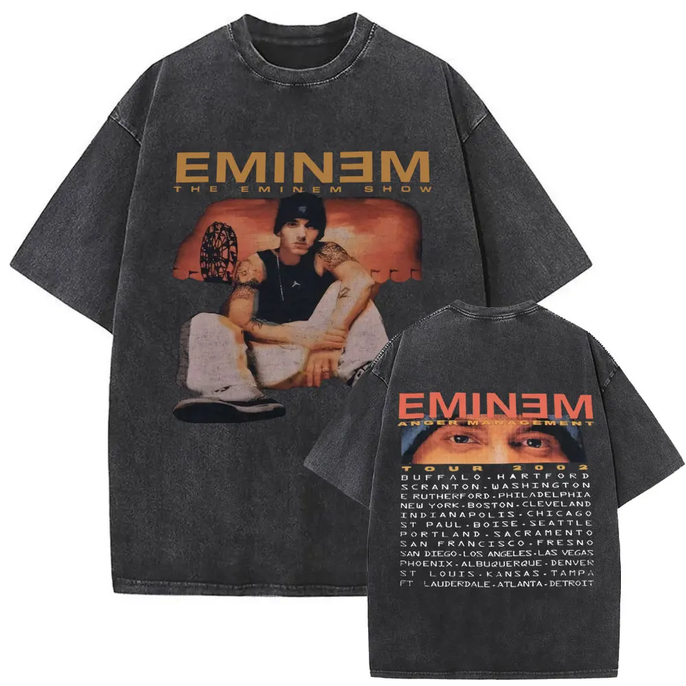 

Rapper Eminem Anger Management Tour 2021 Vintage Washed T Shirt Summer Men Women Hip Hop Fashion Oversized Short Sleeve T-shirts