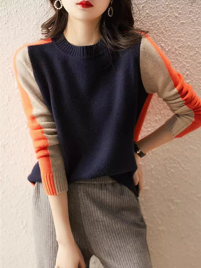 2024 Spring and Autumn New Long Sleeve Color Contrasting Bottom Shirt Women's Casual Versatile Short Knitted Sweater Women's Swe