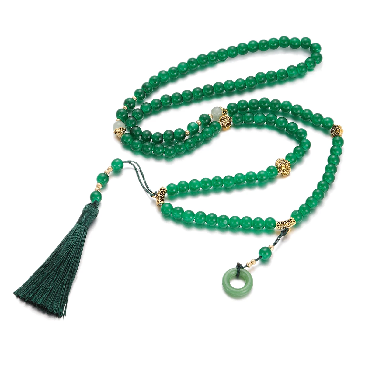 New 108 Beads Natural Stone Prayer Necklace Women Men Buddhist Buddha Meditation Green Crystal Necklace Long Tassel Chokers Gift