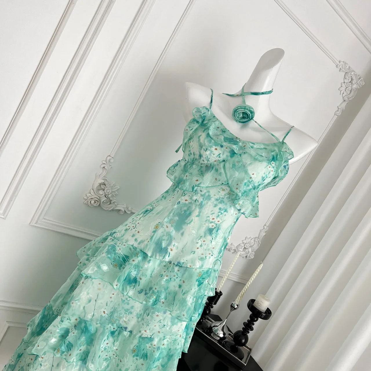 여름 섹시 하이웨이스트 러플 플리츠 파티 드레스 보헤미안 빈티지 여성 그린 플로럴 엘레강스 백리스 휴가 슬립 롱 드레스