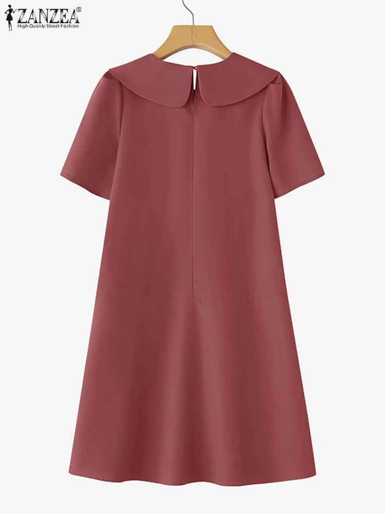 ZANZEA Zomer Mini Jurk Vrouwen Peter Pan Kraag Korte Mouw Effen Kleur Zonnejurk Geplooide Party Vestido 2025, Fashion Casual Gewaad