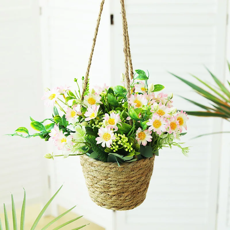 1pc Woven Straw Hanging Basket Handcrafted Willow Rattan And Straw Hanging Basket Miniature Small-Sized Jute Rope Hanging Basket
