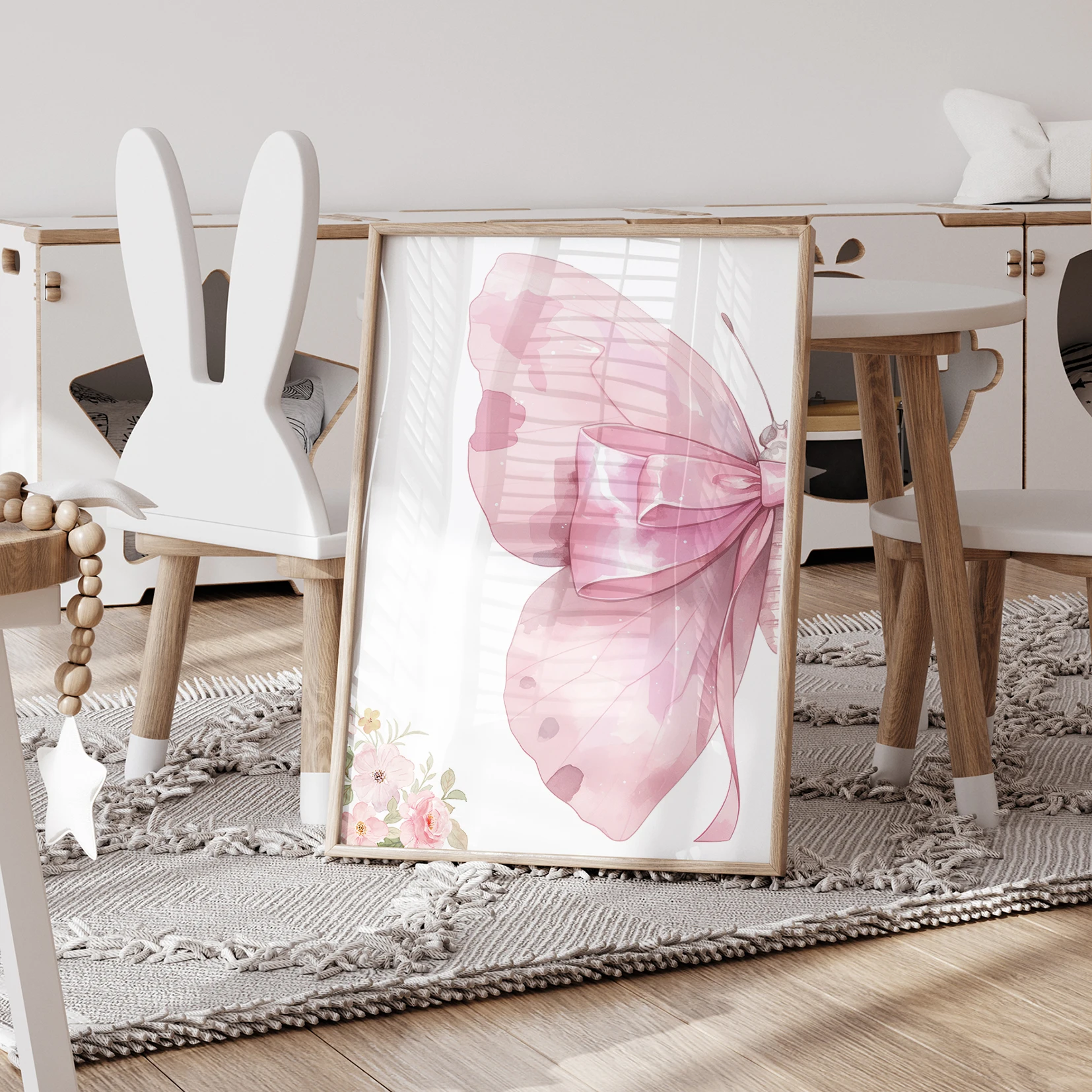 3pcs Cartoon Children Pink Flowers Butterfly Wall Art Prints Canvas Painting Poster Picture For Living Room Home Decor image 2