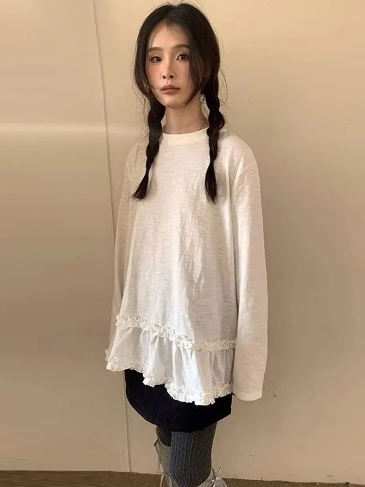 White Long Sleeve T-shirts Women Autumn New Patchwork Ruffle Loose Crew Neck Sheer Tops Simple Casual Y2k Aesthetic Tee