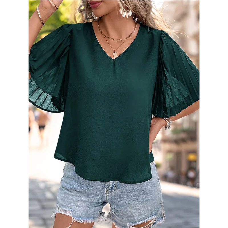 

【SEE】Women Dressy Blouses Summer Puff Petal Short Sleeve Shirts V Neck Business Casual Work Tops