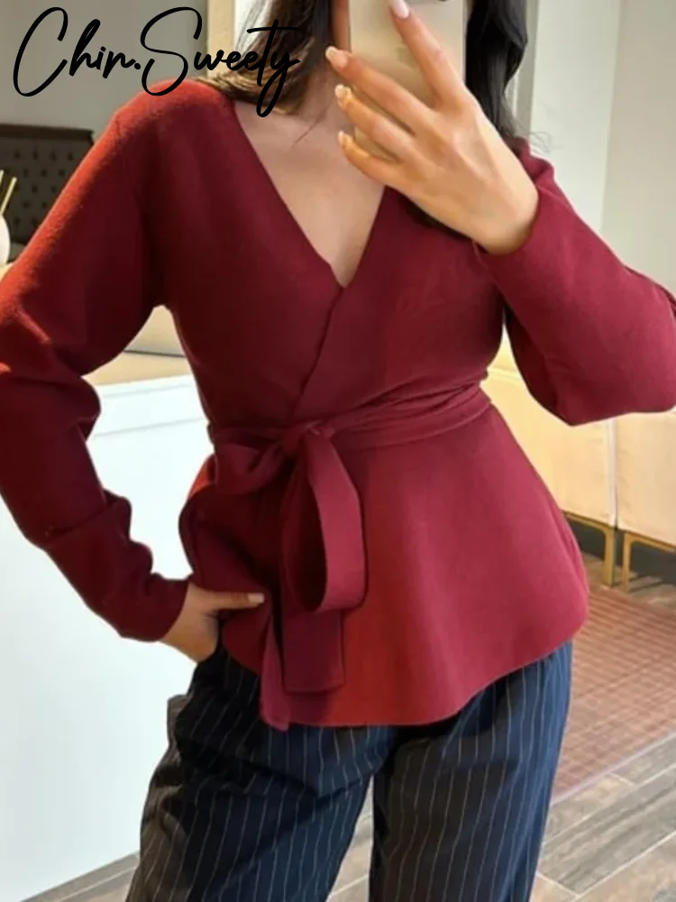 Casual Lace Up Belt Women Cardigan Full Sleeve V Neck Lady Coat 2025 Winter Fashion Spring Elegant Loose Solid Female Outwear