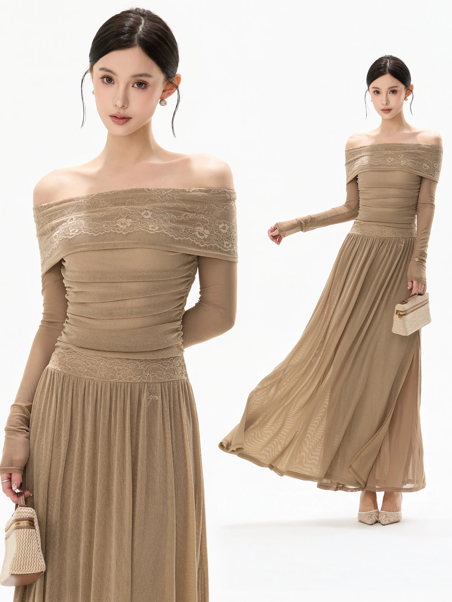 

CYNR Original Design Lace One-oulder Slimming Dr Ele Ladylike Long Skirt Nylon Fabric Long Sve A-Line Dr