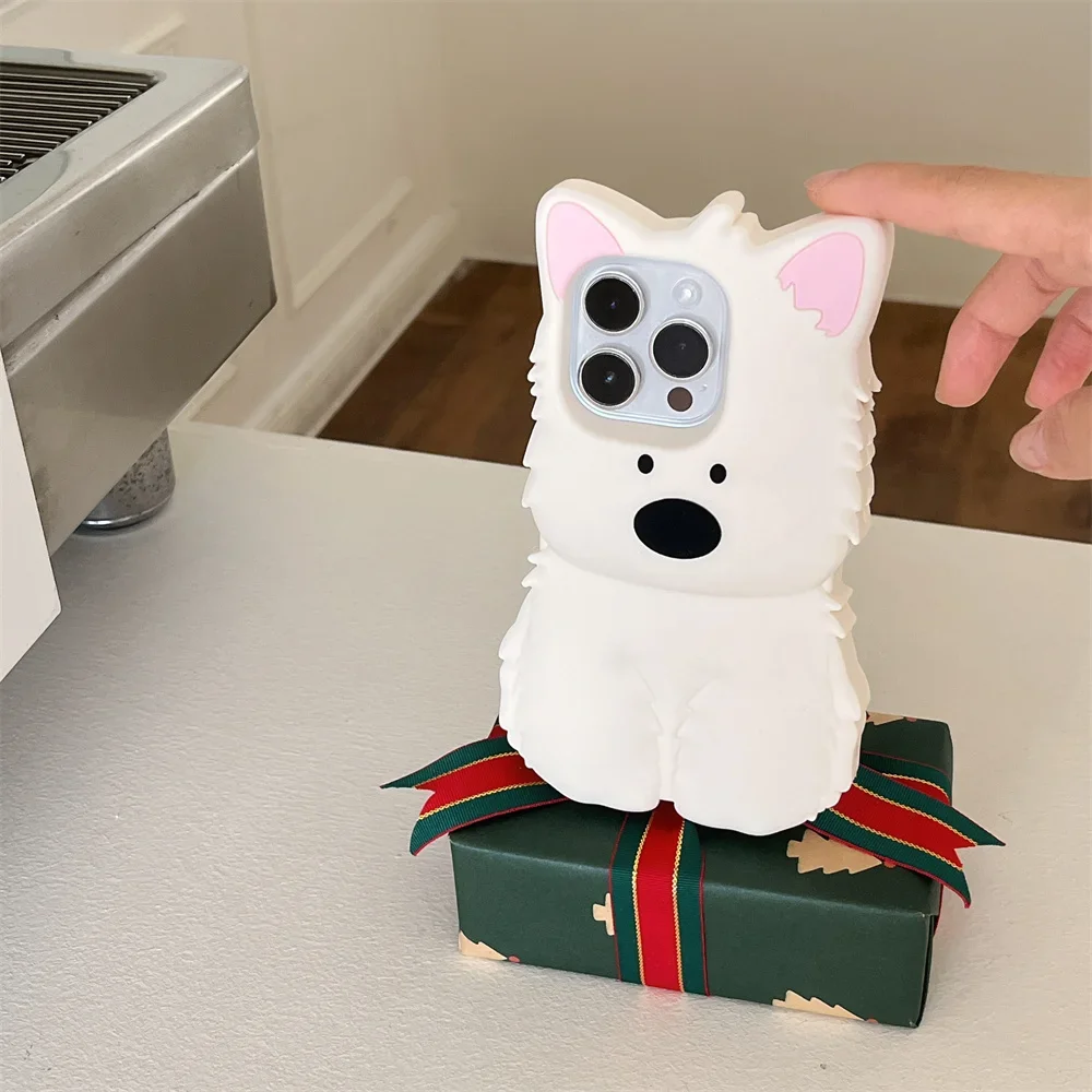 Korean Cute 3D West Highland White Terrier silicone phone case for iPhone 16  13 14 15Pro Max Fun cartoon protection soft cover
