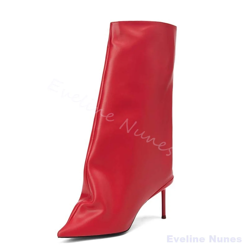 Women Red Slouchy Knee High Boots Pointed Toe Stiletto Heel Pull On Pu Leather Tall Fashion Boots Statement Party Club Wear Boot