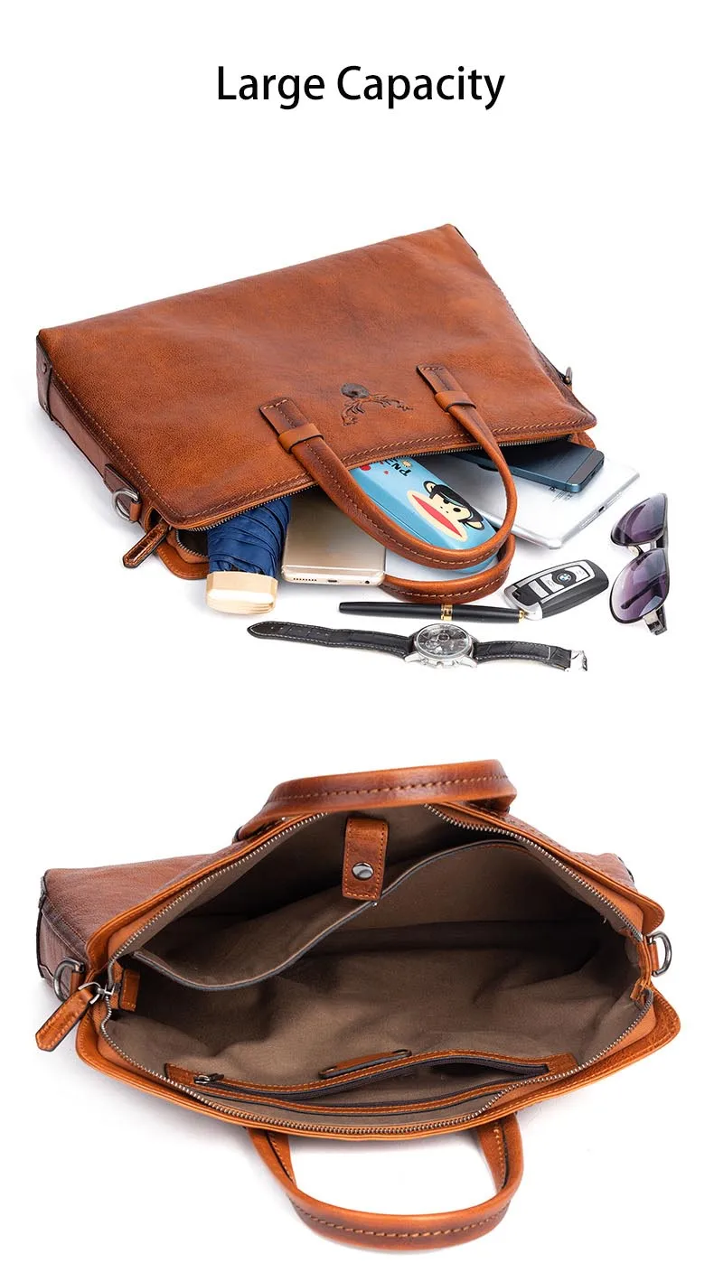Retro Men's Briefcase Leather Casual Handbag Top Layer Cowhide Shoulder Bags Men Business Bag Pure Leather Laptop Tote Bags