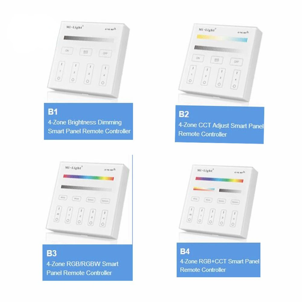 

Milight B1 B2 B3 B4 4-Zone 2.4GHz Wireless Touch Panel Controller RGBW RGB + CCT Brightness Dimming LED Smart Remote Controller