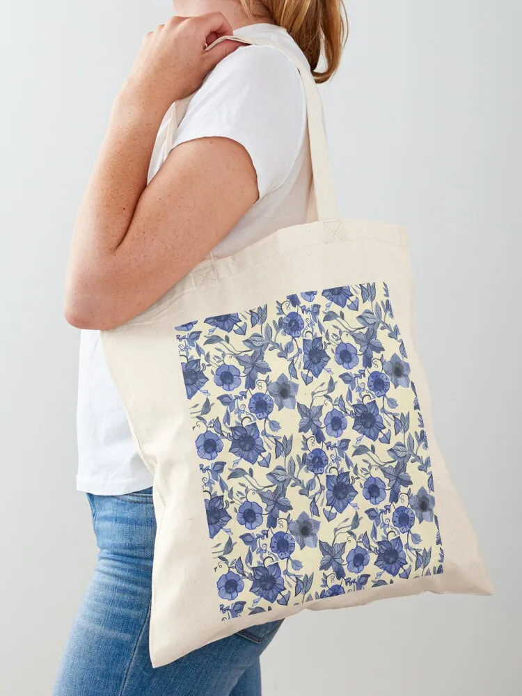 

Blue flowers Tote Bag foldable reusable bag custom fabric bag Portable shopping canvas tote bags