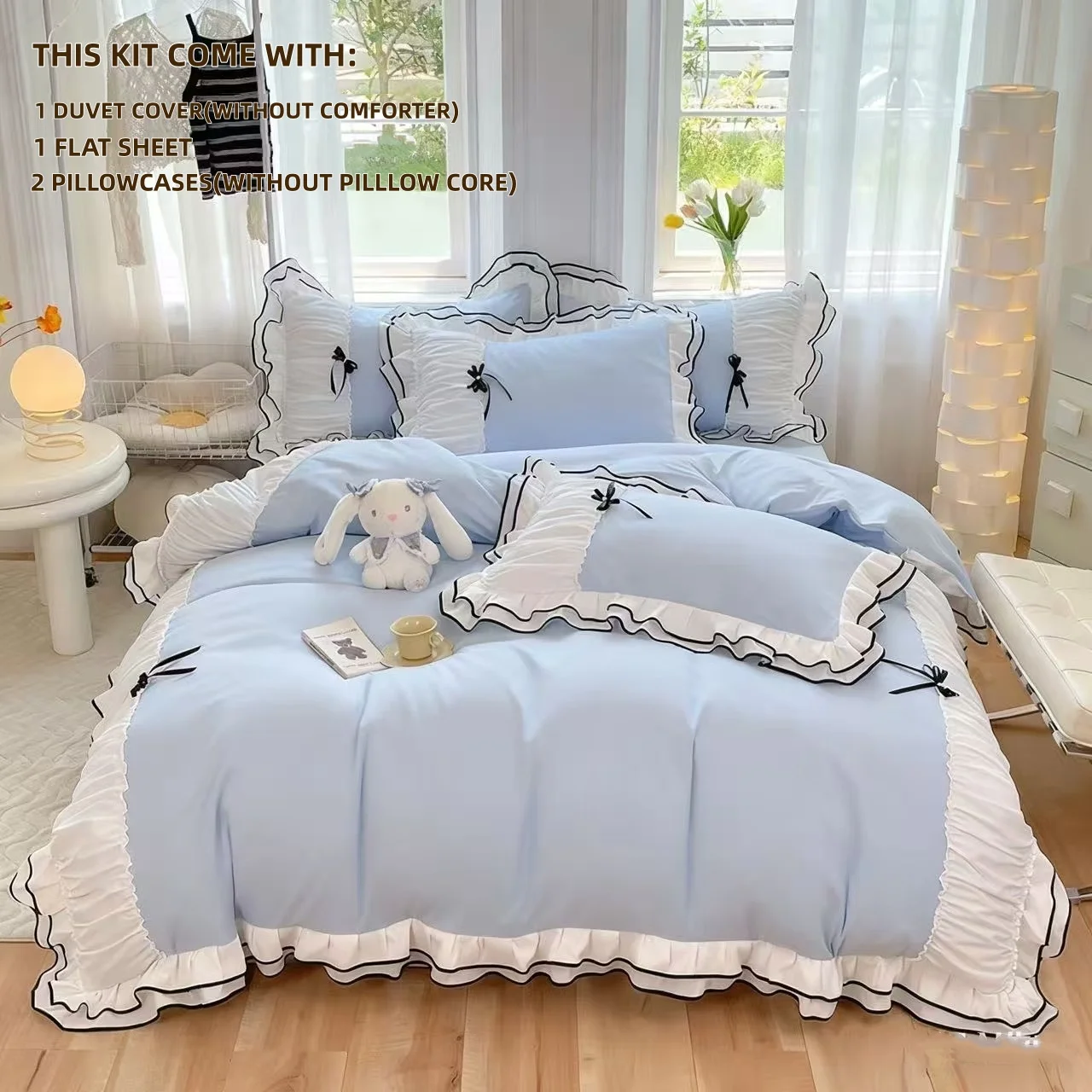 4pcs Blue Bow Duvet cover set (1*Duvet Cover + 2*Pillowcase+ 1flat sheet) Bedding Set, Soft Comfortable