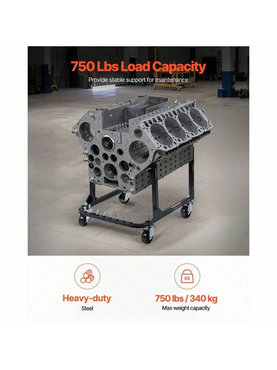 Engine Stand, 750 LBS Load Capacity Engine Motor Stand, Heavy-Duty Steel Motor Holder With 4 Swivel Casters And 4 Hook