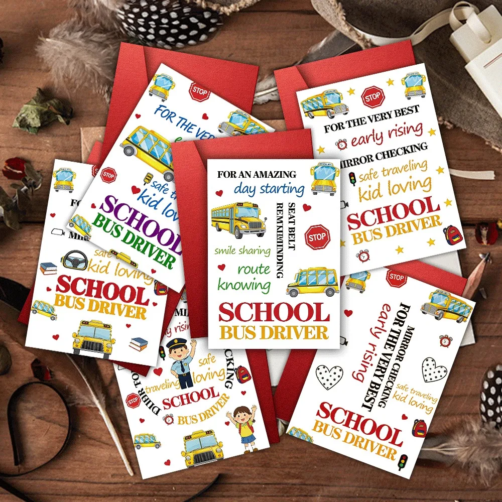 

12Sets (6 cards + 6 red envelopes) School bus driver thank you greeting card 6 designs, school bus driver thank you gift card