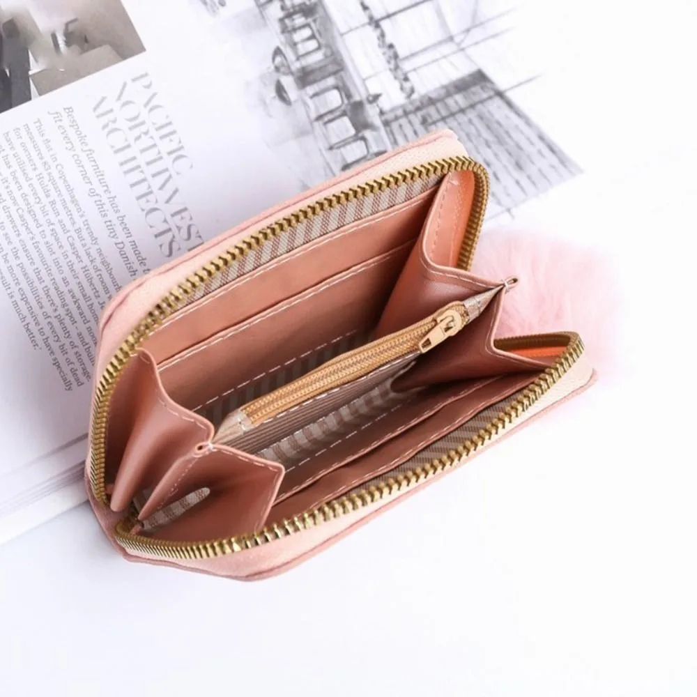 Fashion Zipper Card Holder PU Leather With Pom Pendant Short Wallet Printed Female Bag Women Girls Female Bag