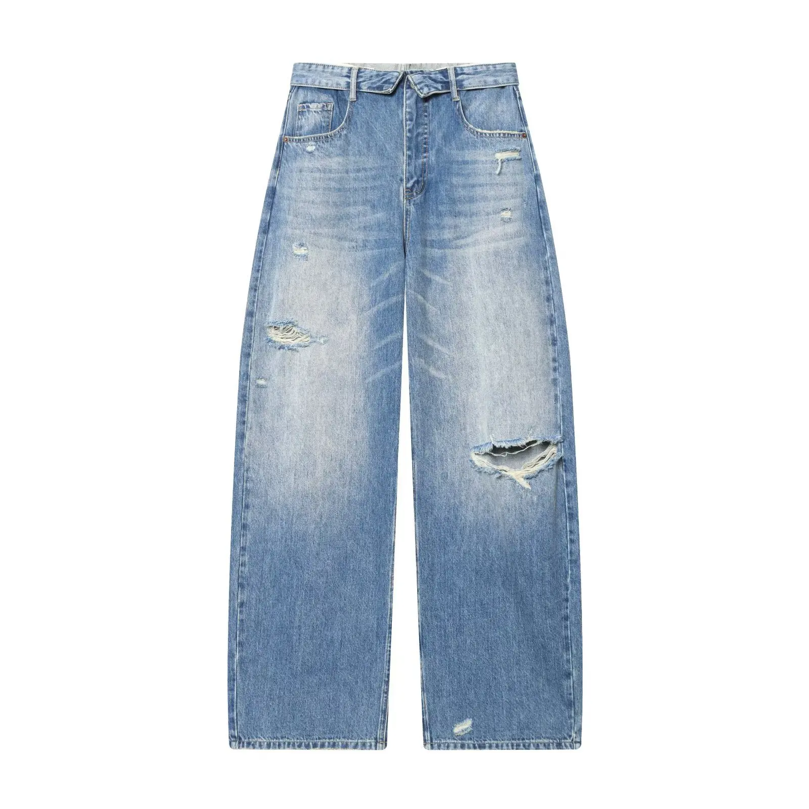 Cross-Border Mid-Waist Cuffed Denim Jeans Women's Bohemian Style Vintage Straight Leg Pants Natural Waist Velvet Fabric