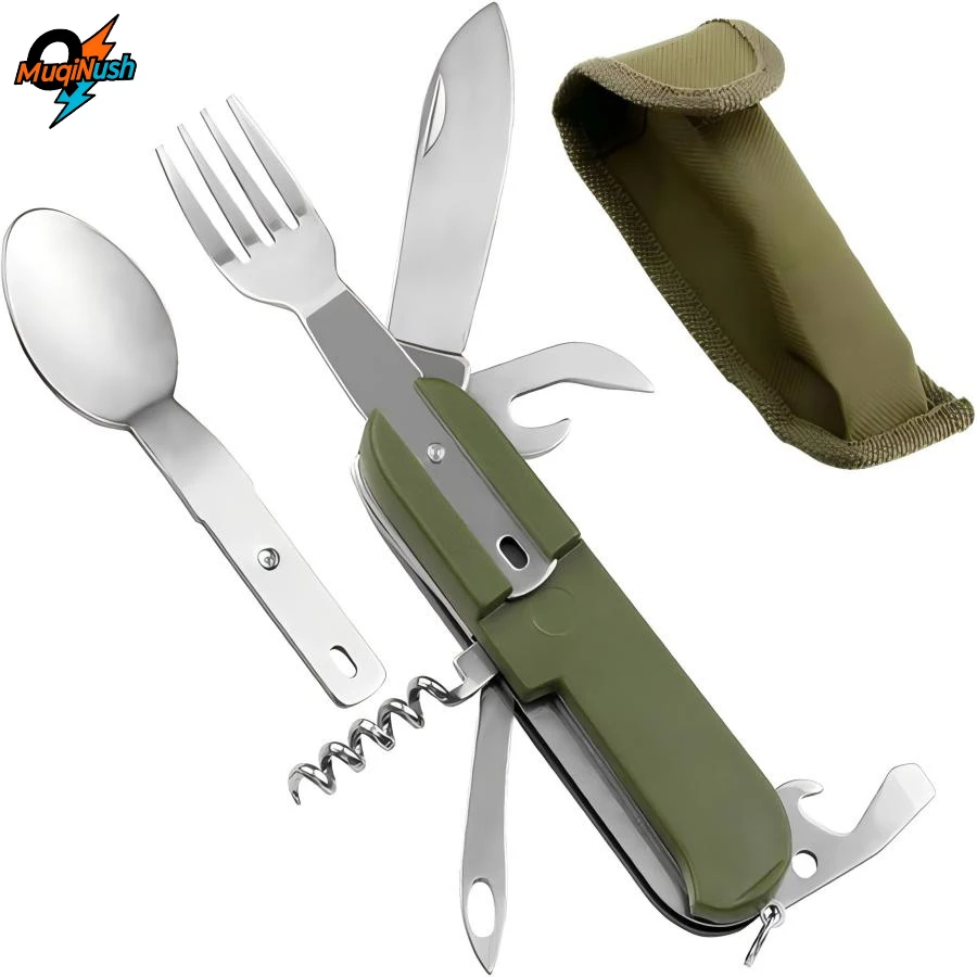 

MuqiNush 6-in-1Camping Utensils Set Portable Stainless Steel Travel Multifunctional Folding Knife Fork Spoon for Picnics Outdoor
