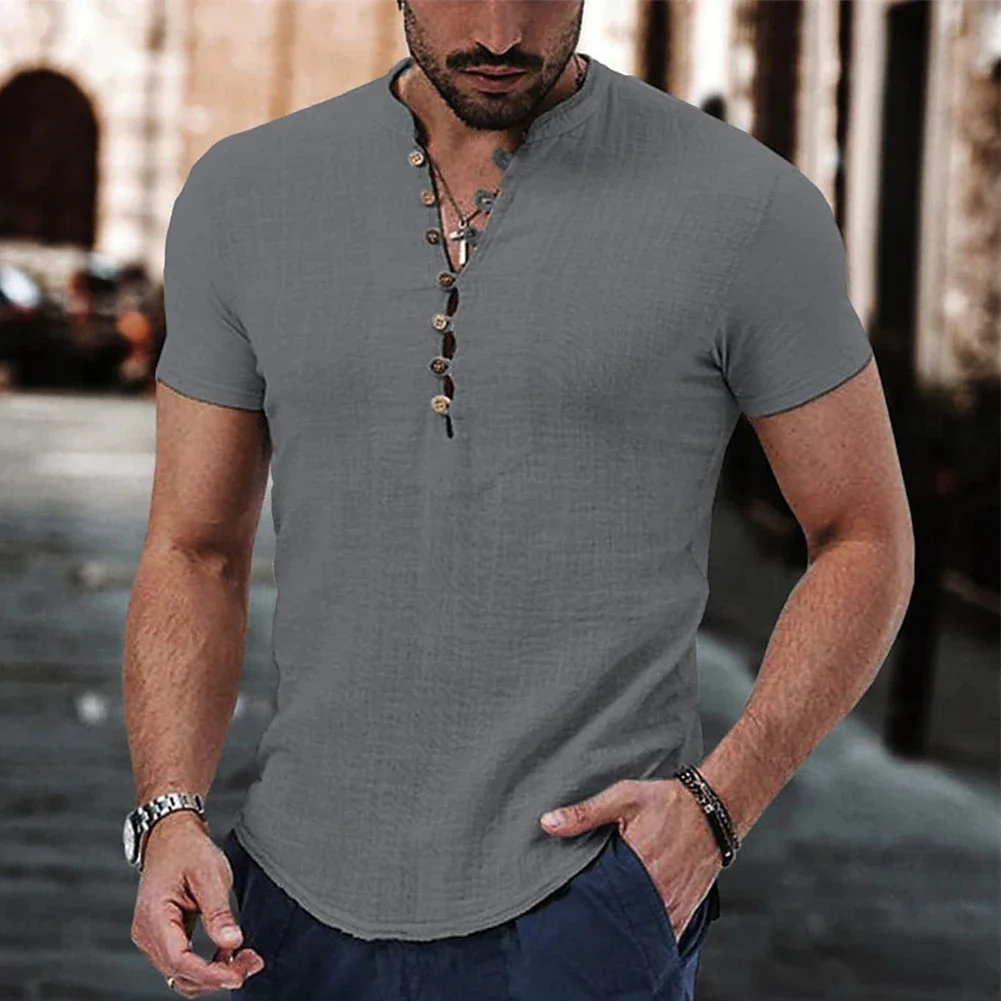 Camisa casual masculina de botão, manga curta, blusa de botão baixo com gola V Henley, perfeita para festas de verão, configuração casual