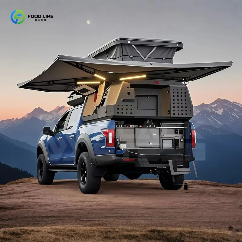 Customized outdoor travel campervan pop up housing slide out trailer featuring bathroom shower toilet and side storage tent