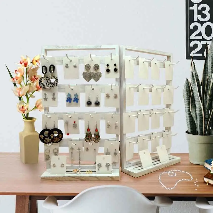 This new 2027 white foldable jewelry display stand features 32 detachable hooks and is suitable for retail display and storage,